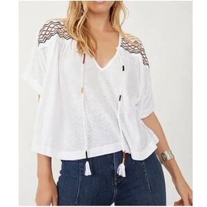 Free People Market Embroidered V-Neck Boho Top in Bright White Size Small NEW
